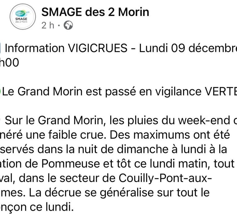 Le Grand Morin passe en vigilance verte