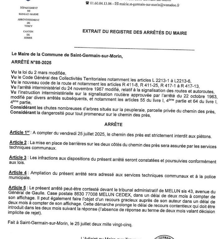 Saint-Germain-sur-Morin : fermeture du chemin des Pr&eacute;s pour s&eacute;curit&eacute;