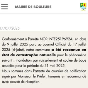 Inondations par ruissellement à Bouleurs : catastrophe naturelle reconnue