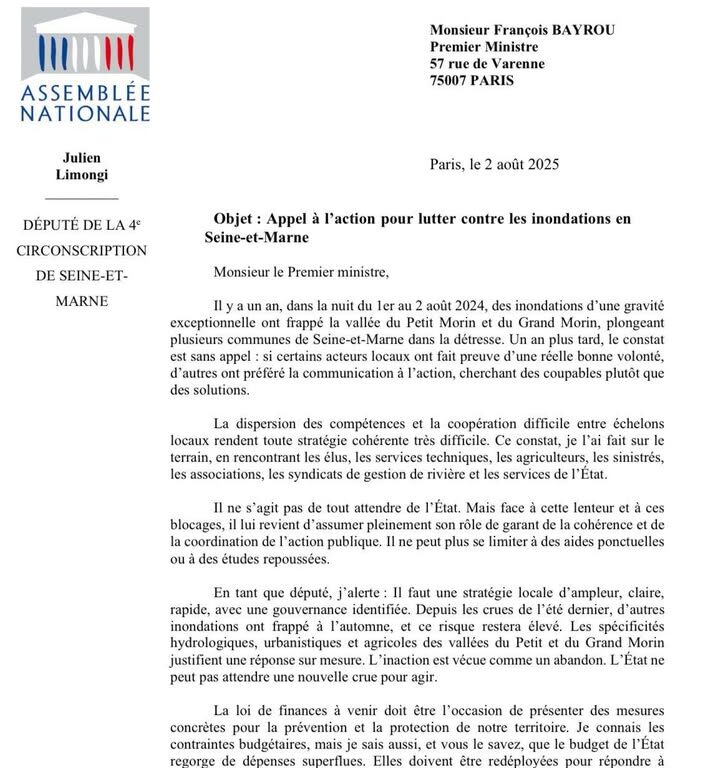 D&eacute;put&eacute; Limongi saisit le Premier ministre sur les inondations en Seine-et-Marne