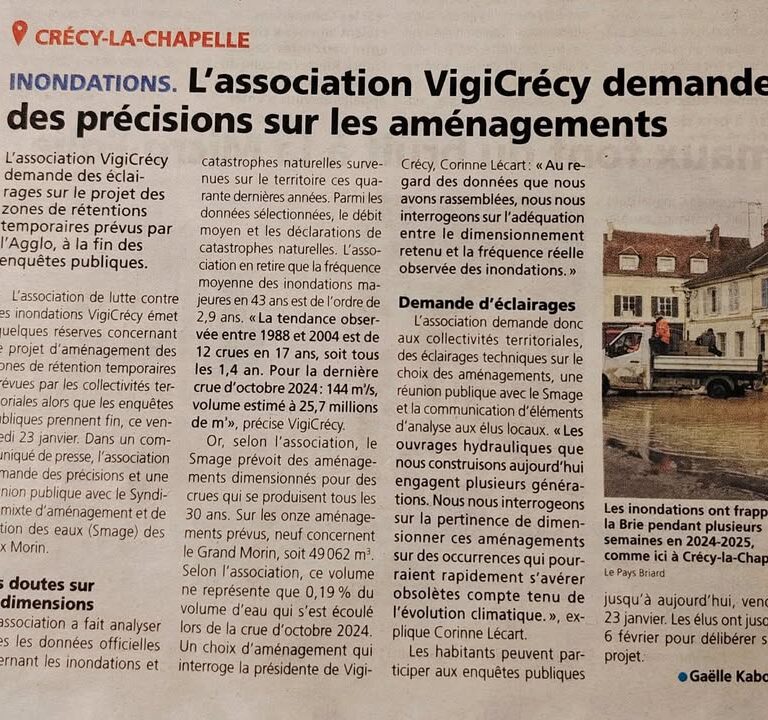 Am&eacute;nagements Grand Morin : VigiCr&eacute;cy questionne l&rsquo;ad&eacute;quation du dimensionnement